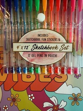 Sketchbook Set with 12 Gel Pens & Stickers "Good Vibes"